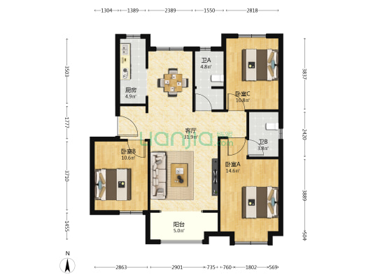 安联生态城凯旋府 3室1厅2卫 127平方