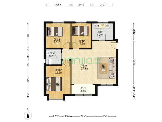 城东春晓雅郡馨园 3室1厅1卫 96平方