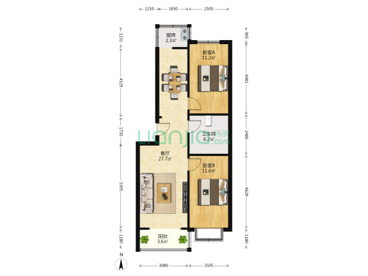 祥泰花园 2室1厅1卫 80平方