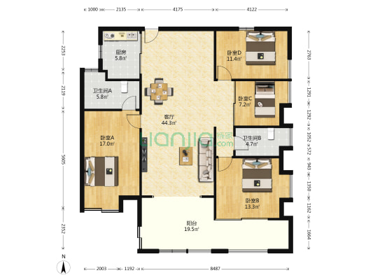 元邦明月园 4室1厅2卫 165平方
