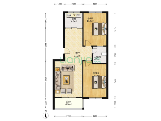 旗城家园 2室1厅1卫 88平方