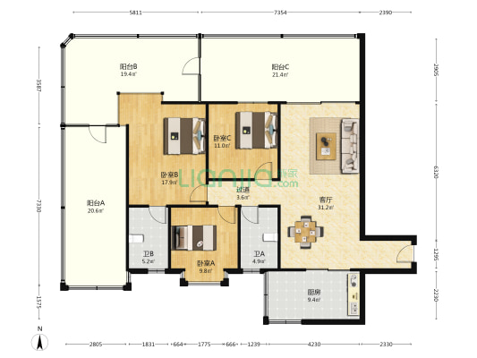 紅花湖麗苑 3室1厅2卫 119平方