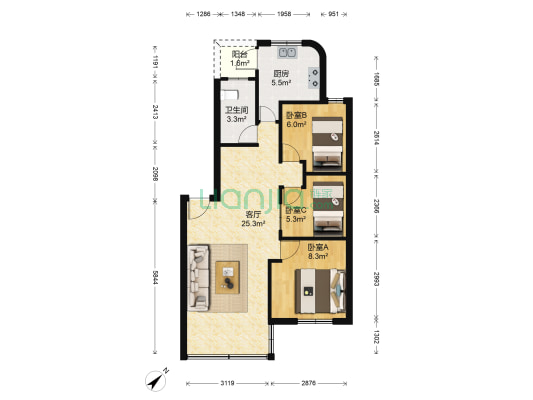 龙岭山庄 3室1厅1卫 68平方