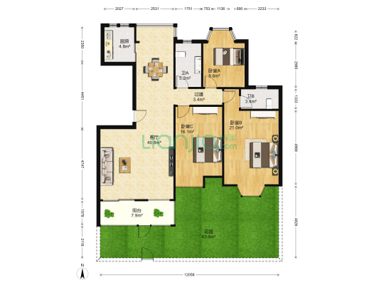 中兴和园西区 3室1厅2卫 126平方