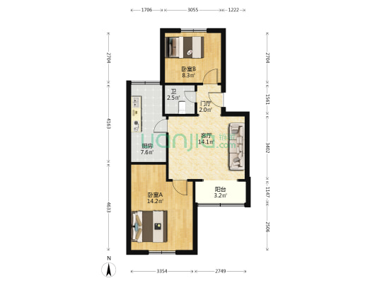 九华山路 2室1厅1卫 66平方