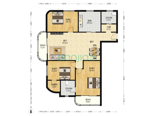 天天花园 3室1厅2卫 169平方