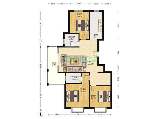 天地新城，南北通透，房主急售。-户型图