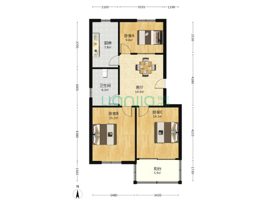 杜康路12号 3室1厅1卫 93平方