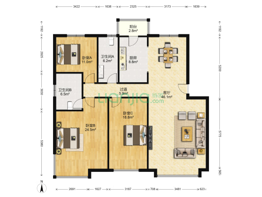 天房雍阳府 3室1厅2卫 170平方