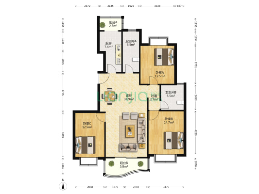 西城名都 3室1厅2卫 139平方