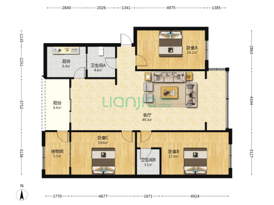 扶桑苑 3室1厅2卫 142平方