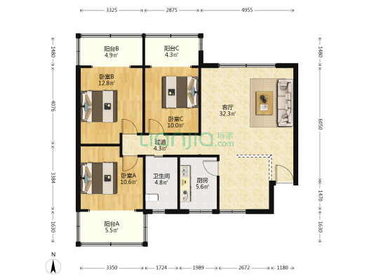 宏金花园 3室1厅1卫 104平方