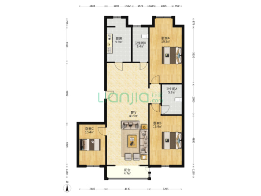 金港怡园 3室1厅2卫 151平方