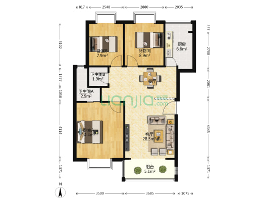 山水白沙 2室1厅2卫 93平方