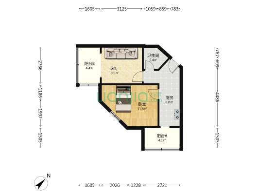 八里桥路84号 1室1厅1卫 44平方