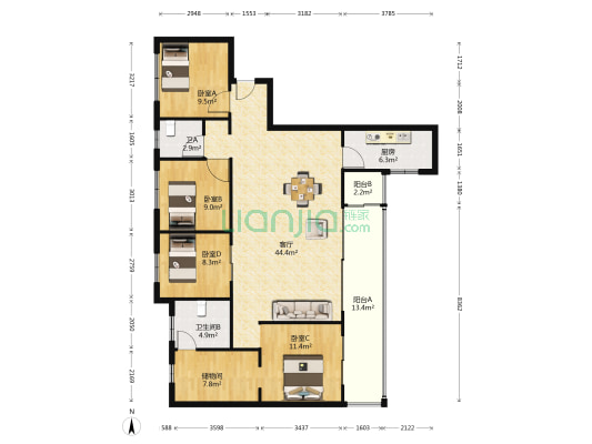 中南海棠集 4室1厅2卫 136平方