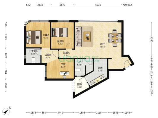 香港置地启元三期 3室1厅2卫 90平方