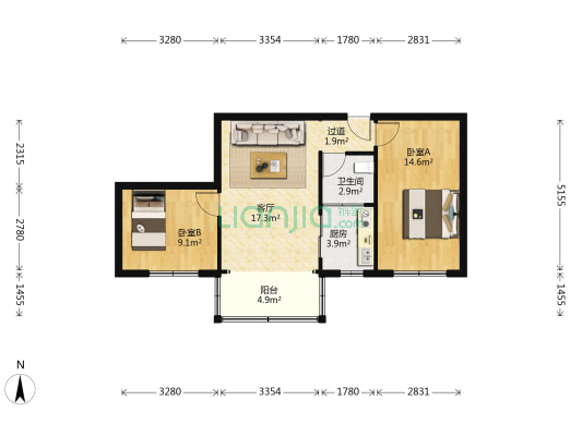 塞坝路 2室1厅1卫 59平方