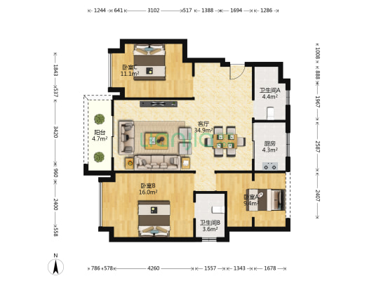 东旭御山湖 3室1厅2卫 110平方