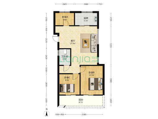云隐天宸 3室1厅1卫 90平方