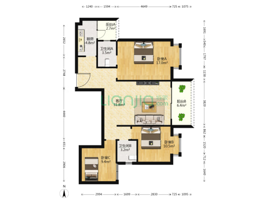 渔龙半湾B区 3室1厅2卫 109平方