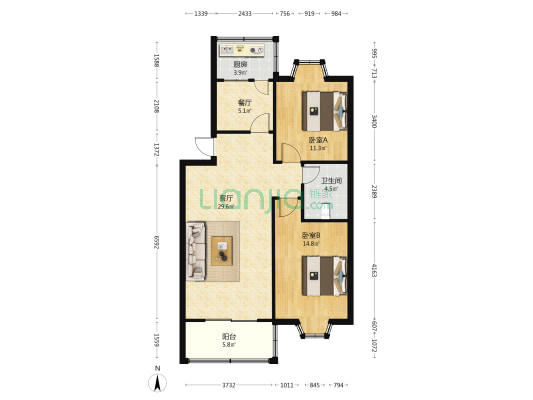 王府花园北区 2室2厅1卫 95平方