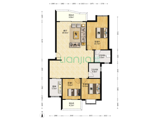 名业花园 3室1厅2卫 126平方