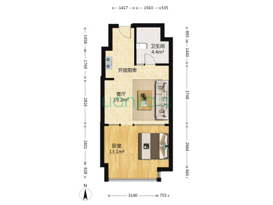 百年港湾A区 1室1厅1卫 55平方