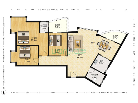 中天花园 3室1厅2卫 131平方