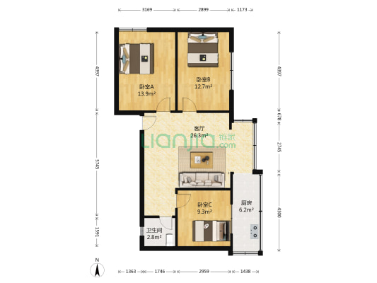 阳光小区 3室1厅1卫 83平方