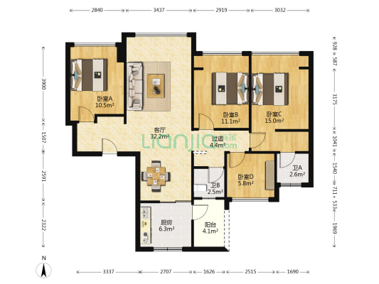 旭辉江山青林半 4室1厅2卫 120平方