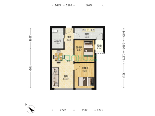 铁建大厦 2室1厅1卫 69平方