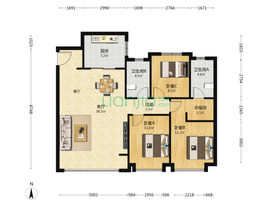 融创时代奥城DK3 3室1厅2卫 129平方