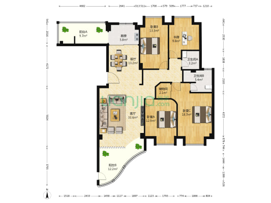 晨曦大厦 4室2厅2卫 164平方