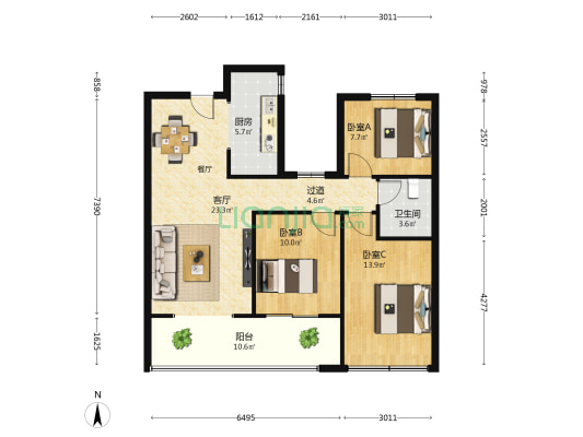 葛天诚园 3室1厅1卫 104平方