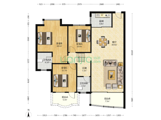 凤和花园 3室1厅2卫 131平方