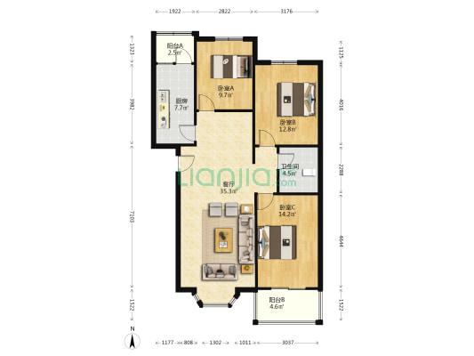 名流枫景五期 3室1厅 南 北-户型图