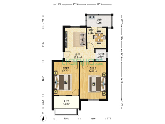 东一路42号院 2室2厅1卫 62平方