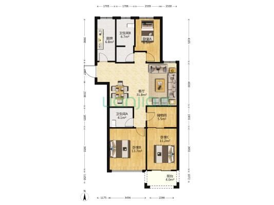 前梅商厦 3室1厅2卫 129平方