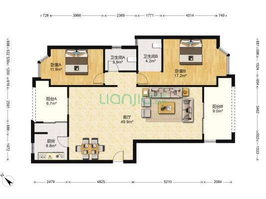 博雅新城E区 2室1厅2卫 136平方