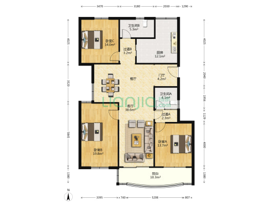 鑫安公寓 3室1厅2卫 145平方