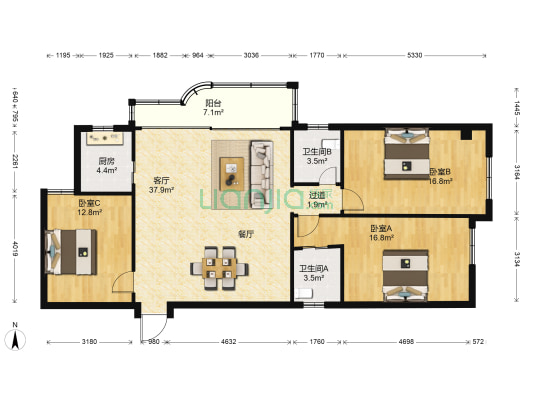 榕禾花园 3室1厅2卫 128平方