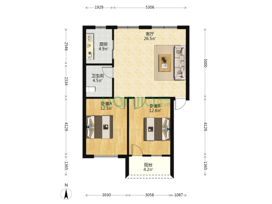 半导体单位宿舍 2室1厅1卫 79平方