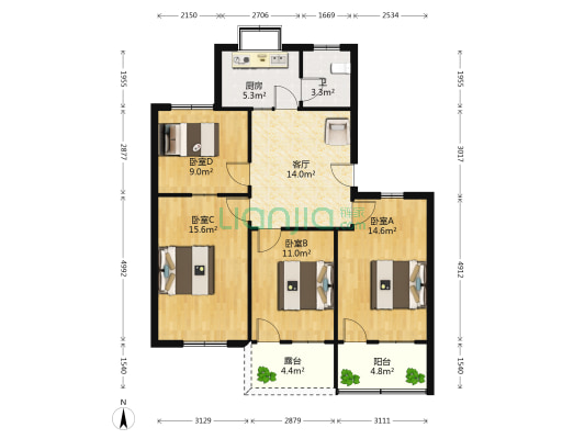 二技校家属院南院 4室1厅1卫 85平方