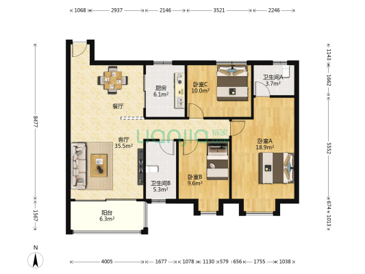 唐家花园 3室1厅2卫 106平方