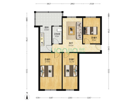 柳条路 3室1厅1卫 87平方