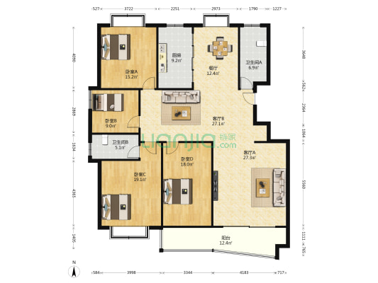 龙喜花苑西区 4室3厅2卫 193平方