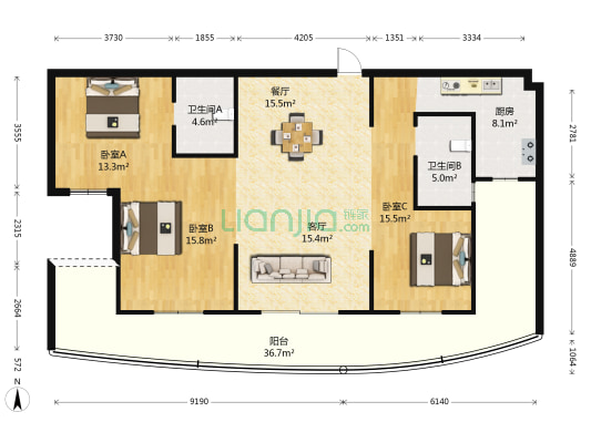 大湖王朝 3室2厅2卫 139平方