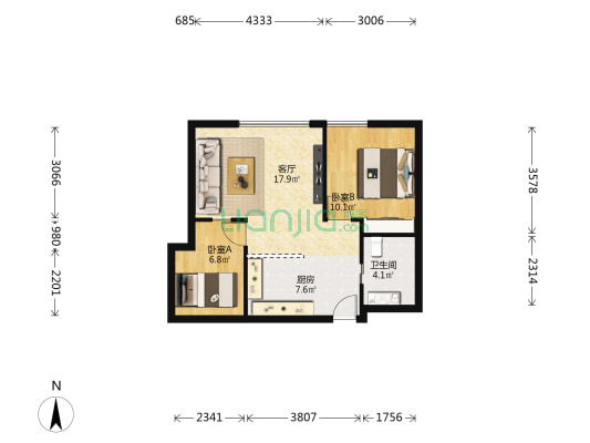 绿地同创大厦 2室1厅1卫 74平方