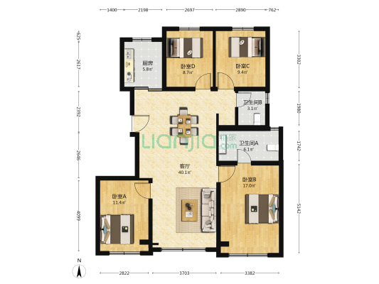 中海兴叁號院 4室1厅2卫 143平方